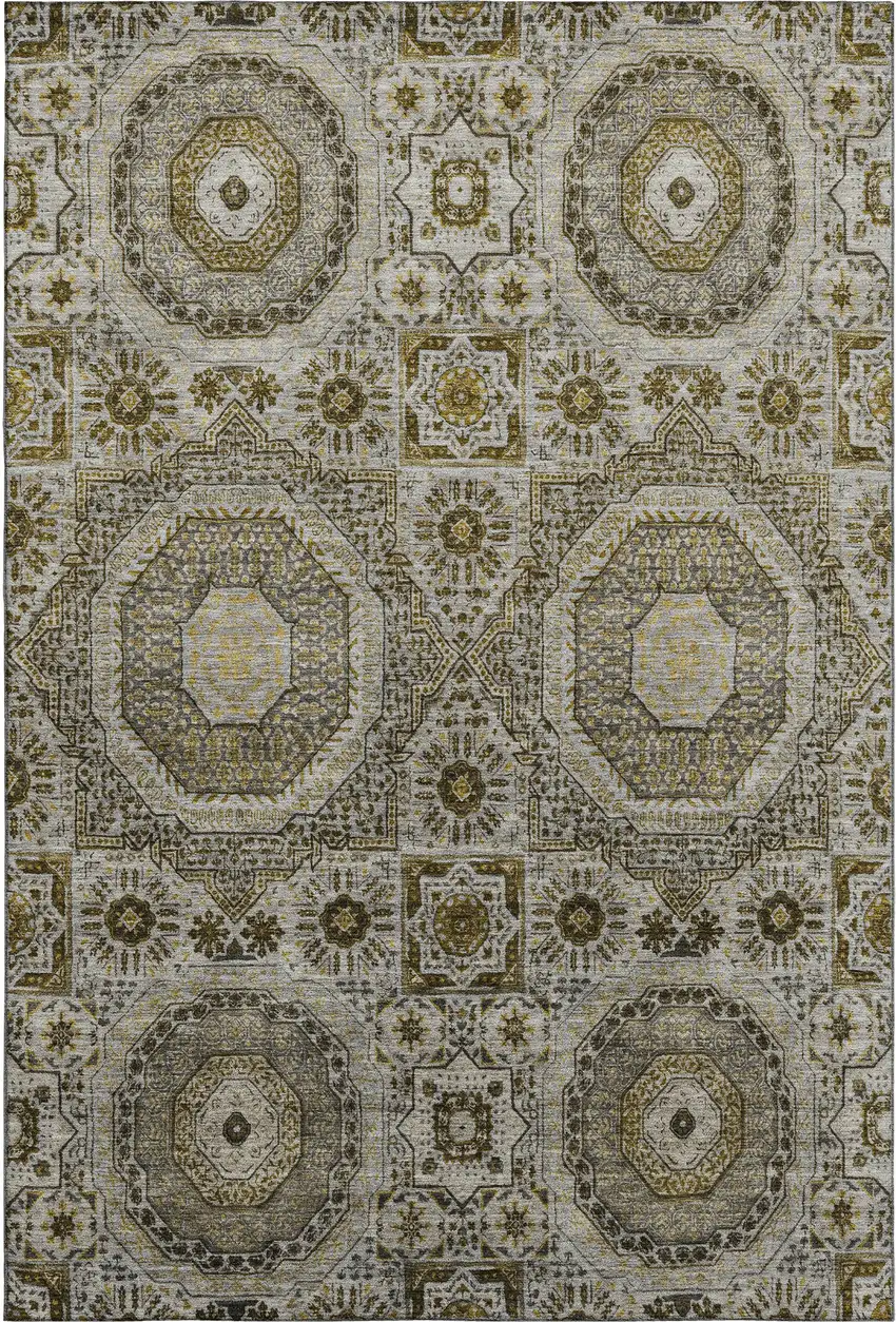 Taupe Ivory And Gold Medallion Washable Area Rug With UV Protection Photo 1