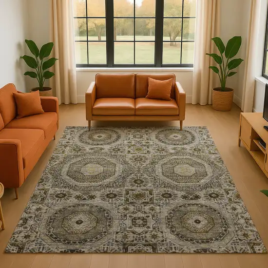 Taupe Ivory And Gold Medallion Washable Area Rug With UV Protection Photo 5