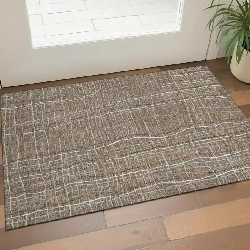 Taupe Ivory And Gold Striped Washable Area Rug With UV Protection Photo 2
