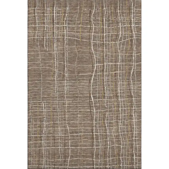 Taupe Ivory And Gold Striped Washable Area Rug With UV Protection Photo 1