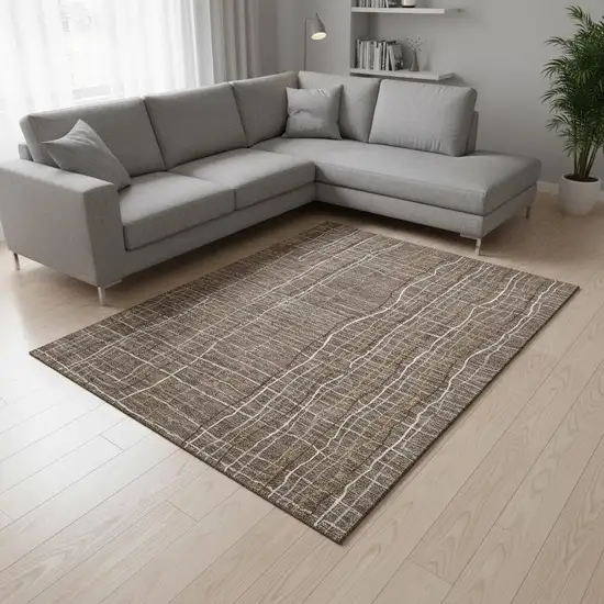 Taupe Ivory And Gold Striped Washable Area Rug With UV Protection Photo 2