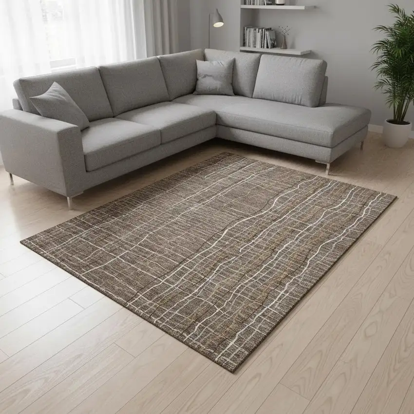 Taupe Ivory And Gold Striped Washable Area Rug With UV Protection Photo 2