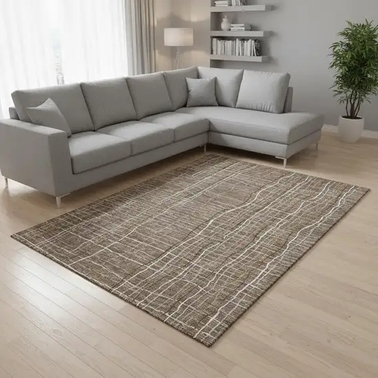 Taupe Ivory And Gold Striped Washable Area Rug With UV Protection Photo 2