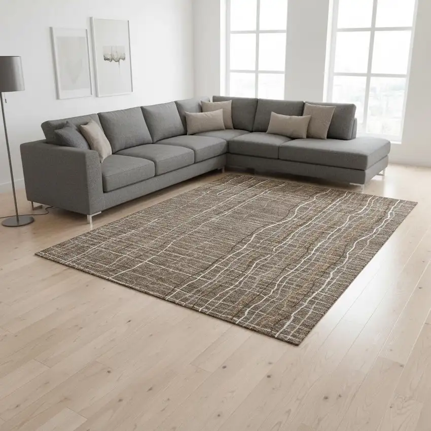 Taupe Ivory And Gold Striped Washable Area Rug With UV Protection Photo 2