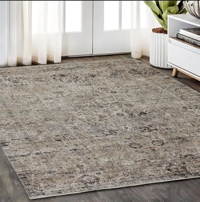 Taupe Ivory And Gray Abstract Distressed Area Rug With Fringe Photo 1