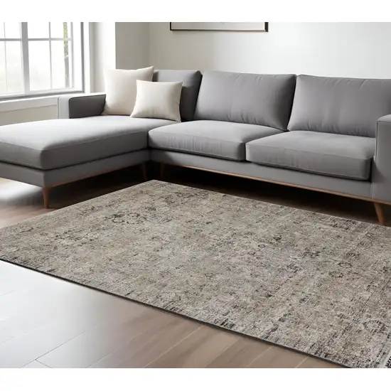Taupe Ivory And Gray Abstract Distressed Area Rug With Fringe Photo 1