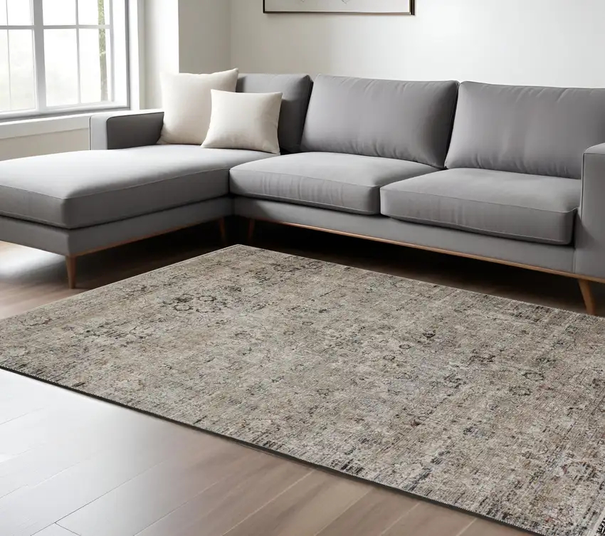 Taupe Ivory And Gray Abstract Distressed Area Rug With Fringe Photo 1