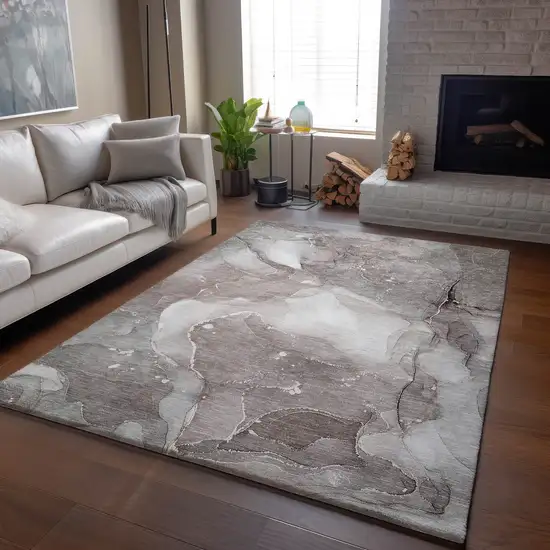 Taupe Ivory And Gray Abstract Washable Area Rug With UV Protection Photo 6
