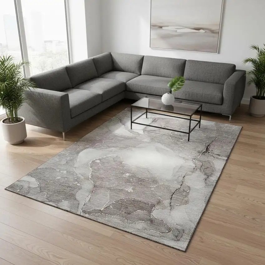 Taupe Ivory And Gray Abstract Washable Area Rug With UV Protection Photo 2