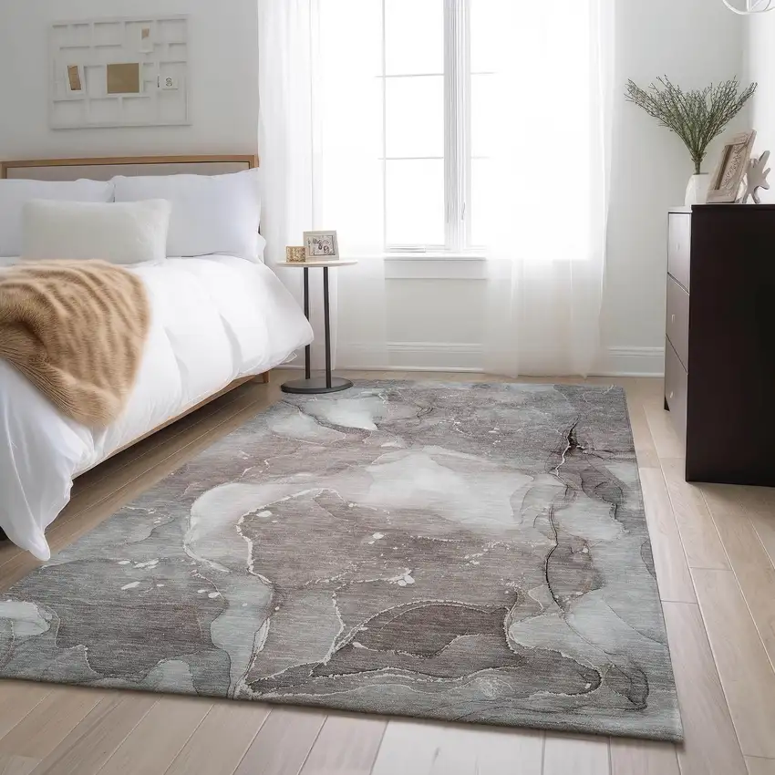 Taupe Ivory And Gray Abstract Washable Area Rug With UV Protection Photo 4