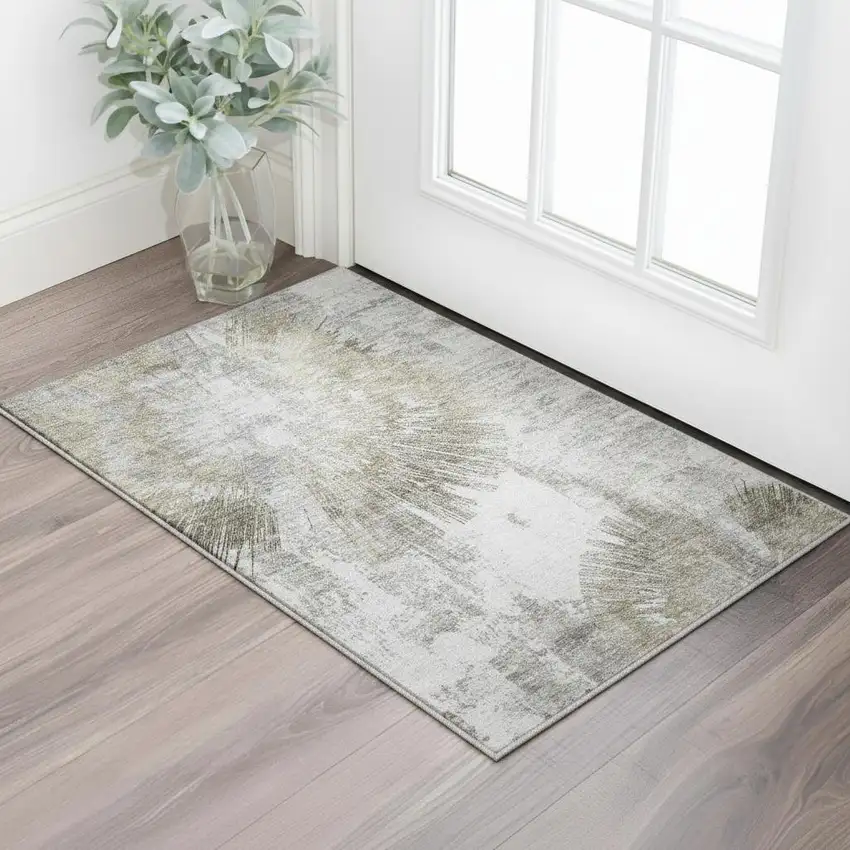 Taupe Ivory And Gray Abstract Washable Area Rug With UV Protection Photo 2