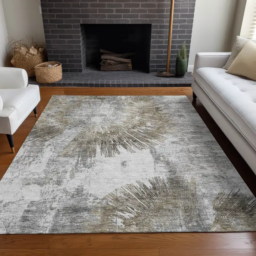 Taupe Ivory And Gray Abstract Washable Area Rug With UV Protection Photo 4