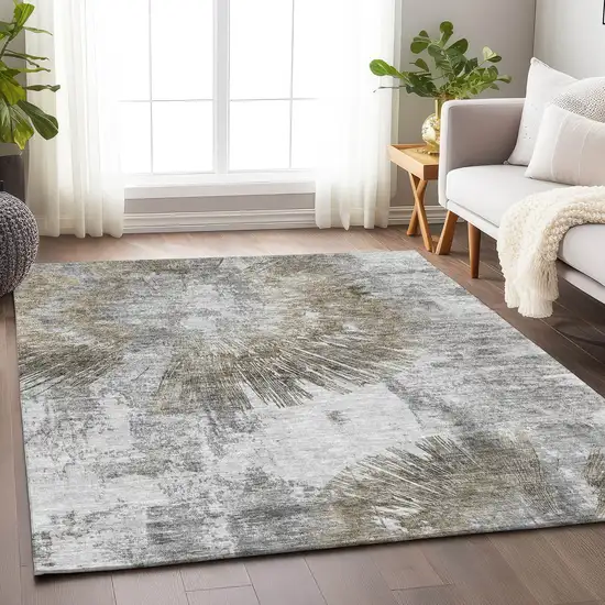 Taupe Ivory And Gray Abstract Washable Area Rug With UV Protection Photo 5