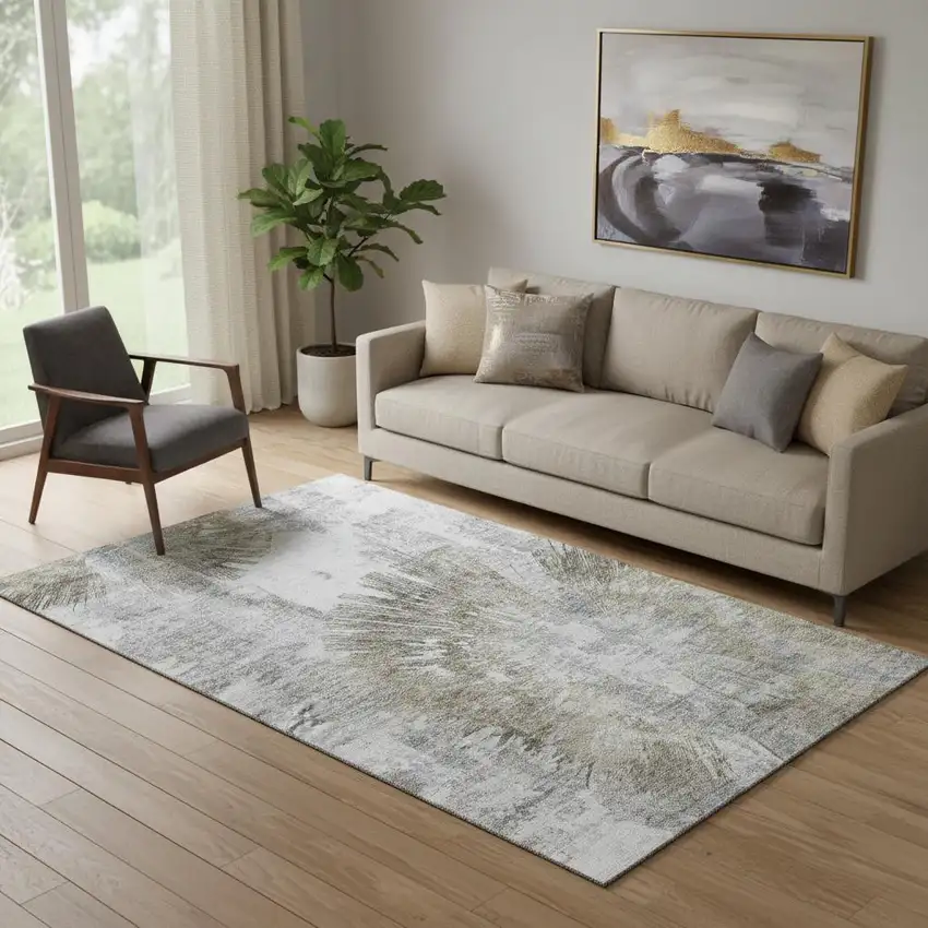 Taupe Ivory And Gray Abstract Washable Area Rug With UV Protection Photo 1