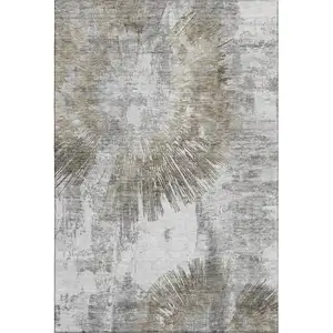 Photo of Taupe Ivory And Gray Abstract Washable Area Rug With UV Protection