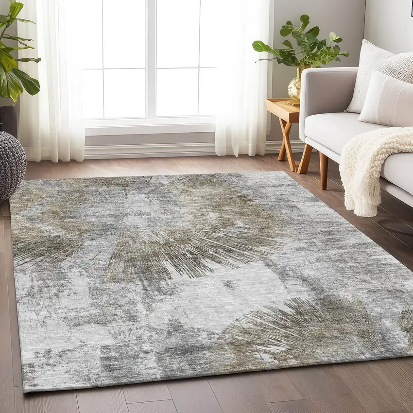 Taupe Ivory And Gray Abstract Washable Area Rug With UV Protection Photo 6