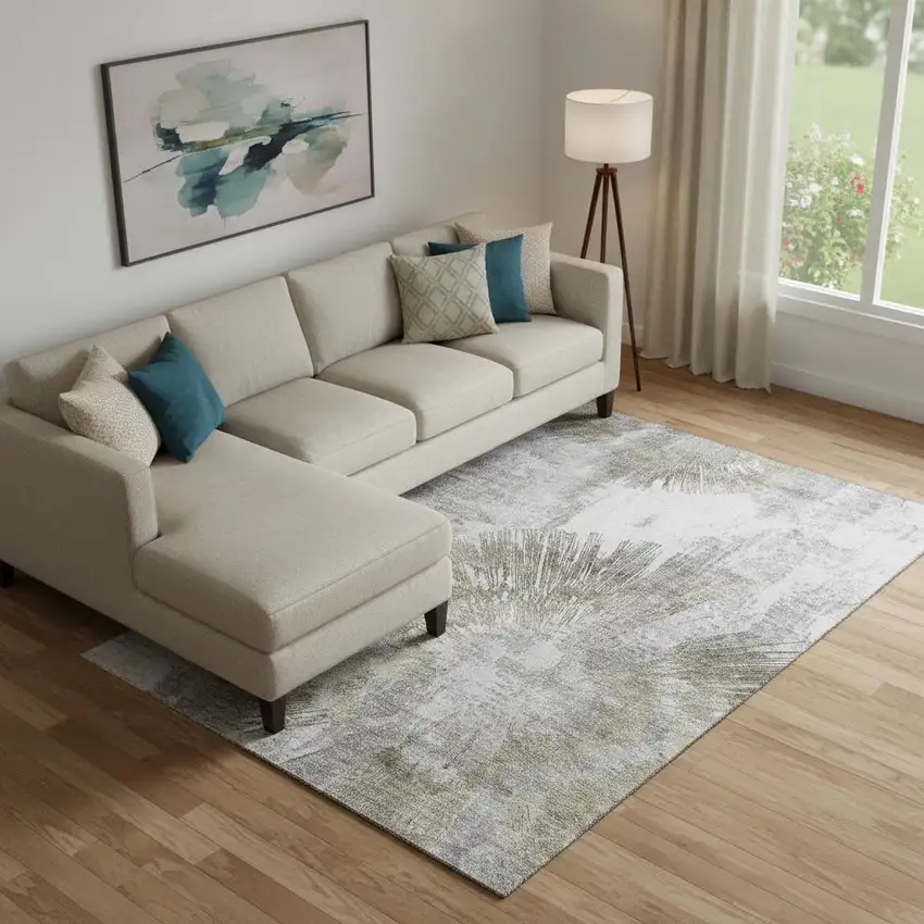 Taupe Ivory And Gray Abstract Washable Area Rug With UV Protection Photo 1