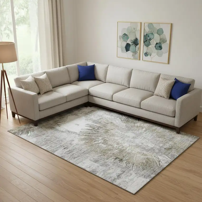 Taupe Ivory And Gray Abstract Washable Area Rug With UV Protection Photo 1