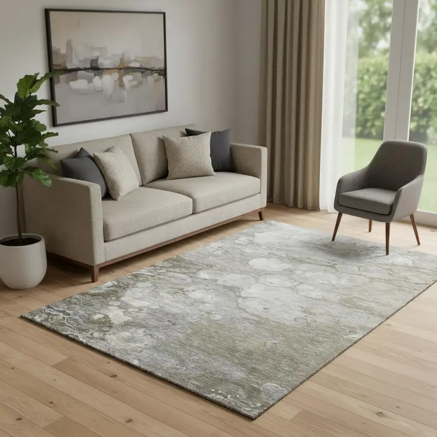 Taupe Ivory And Gray Abstract Washable Area Rug With UV Protection Photo 2