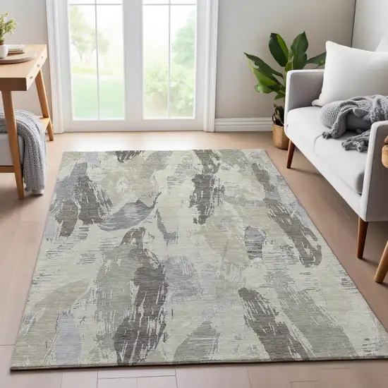 Taupe Ivory And Gray Abstract Washable Area Rug With UV Protection Photo 5