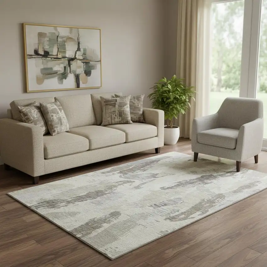 Taupe Ivory And Gray Abstract Washable Area Rug With UV Protection Photo 2