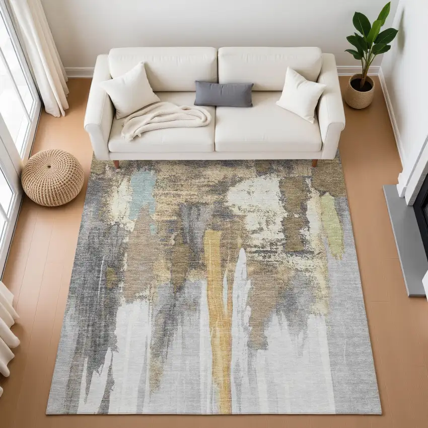 Taupe Ivory And Gray Abstract Washable Area Rug With UV Protection Photo 5