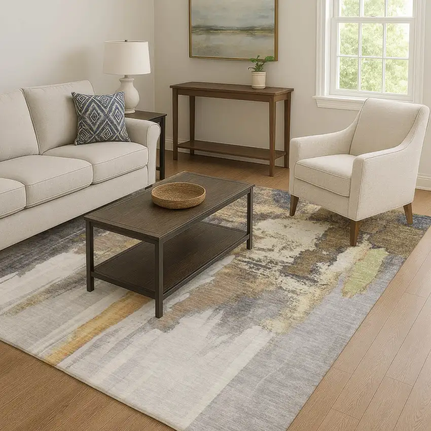 Taupe Ivory And Gray Abstract Washable Area Rug With UV Protection Photo 6