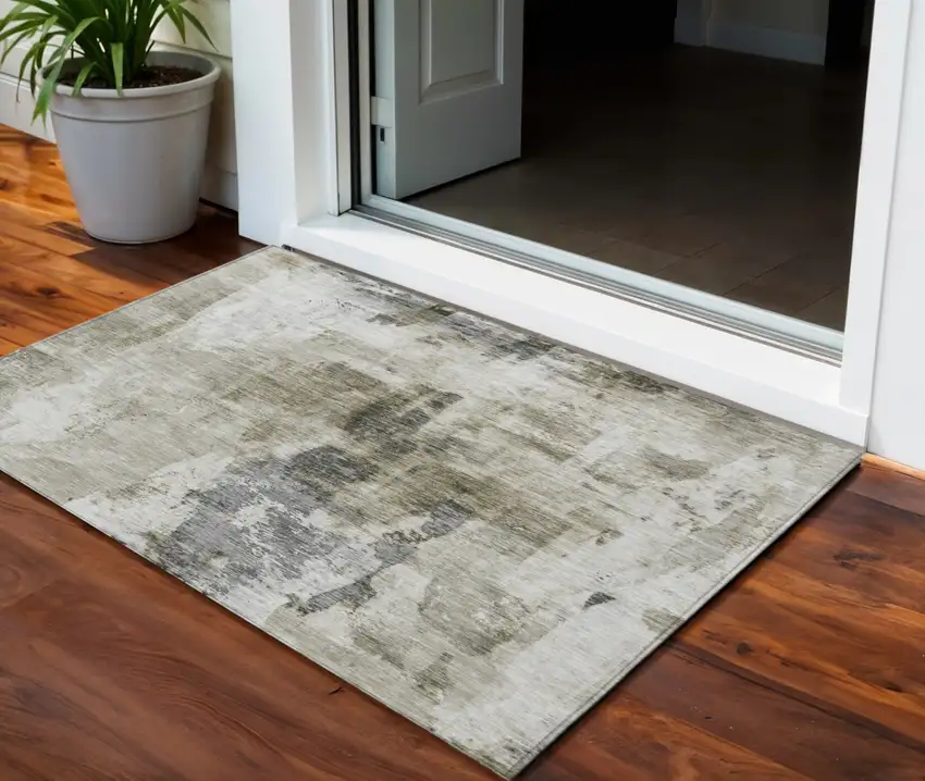 Taupe Ivory And Gray Abstract Washable Indoor Outdoor Area Rug Photo 1
