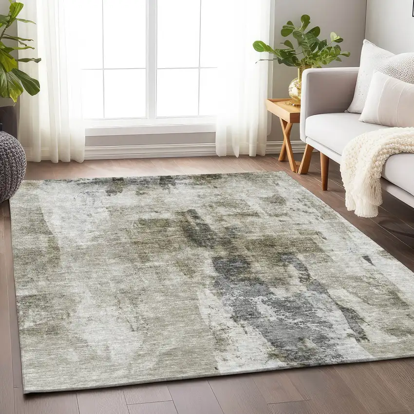 Taupe Ivory And Gray Abstract Washable Indoor Outdoor Area Rug Photo 8