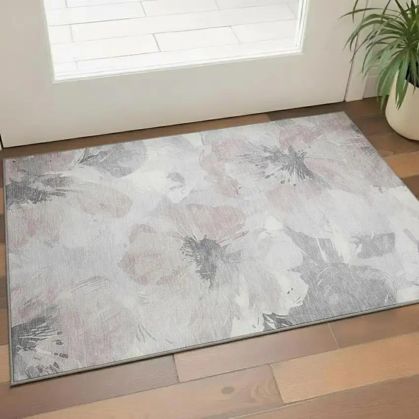 Taupe Ivory And Gray Floral Washable Area Rug With UV Protection Photo 2
