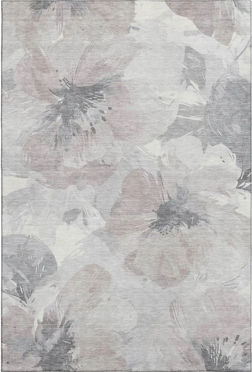 Taupe Ivory And Gray Floral Washable Area Rug With UV Protection Photo 1