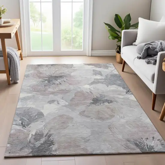 Taupe Ivory And Gray Floral Washable Area Rug With UV Protection Photo 5