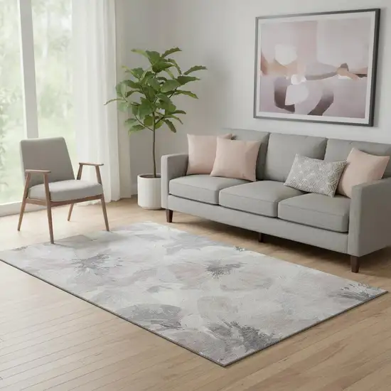Taupe Ivory And Gray Floral Washable Area Rug With UV Protection Photo 2