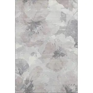 Photo of Taupe Ivory And Gray Floral Washable Area Rug With UV Protection