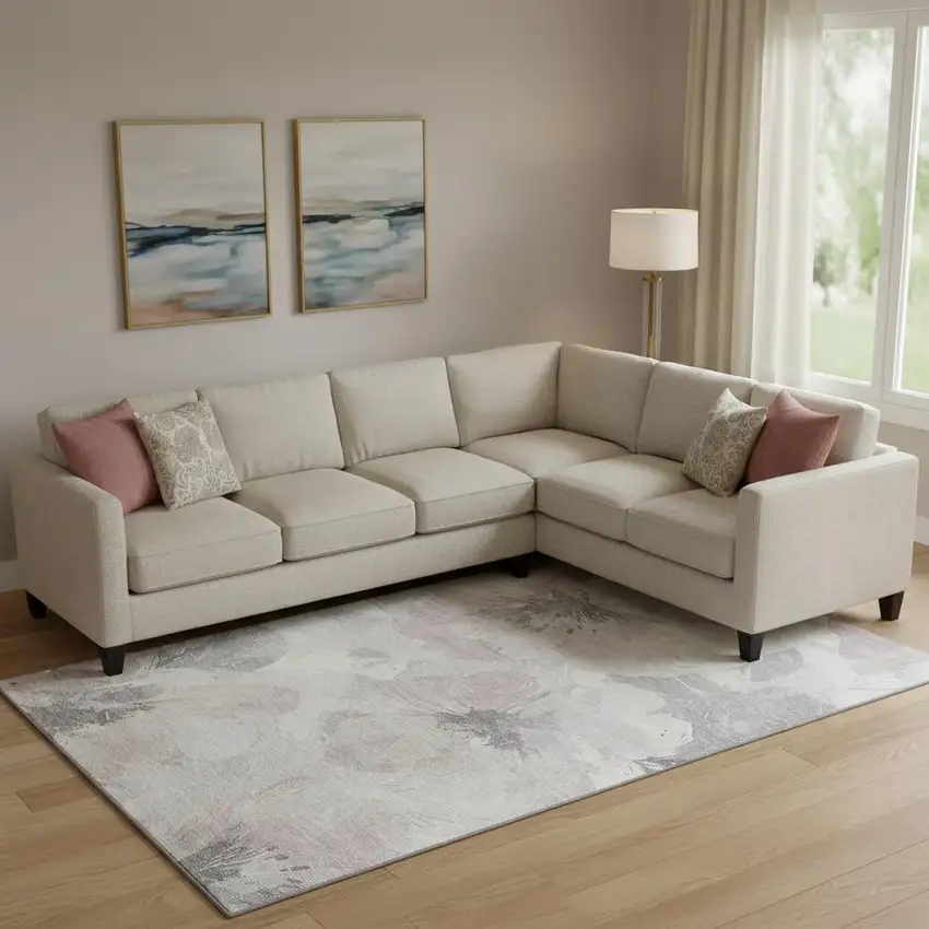 Taupe Ivory And Gray Floral Washable Area Rug With UV Protection Photo 2