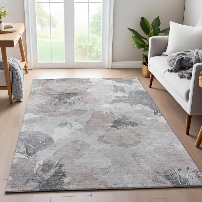 Taupe Ivory And Gray Floral Washable Area Rug With UV Protection Photo 5