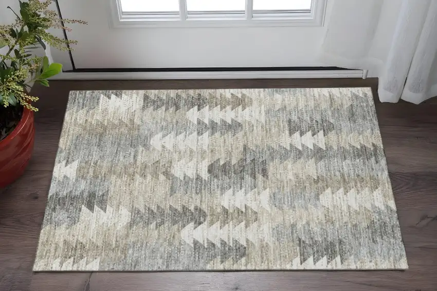 Taupe Ivory And Gray Geometric Washable Area Rug With UV Protection Photo 2