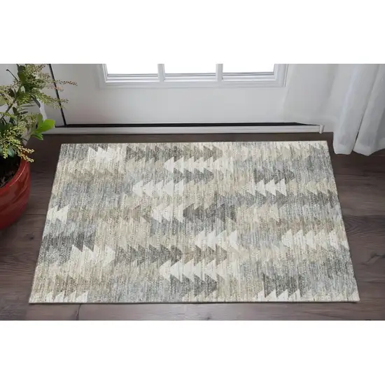 Taupe Ivory And Gray Geometric Washable Area Rug With UV Protection Photo 2