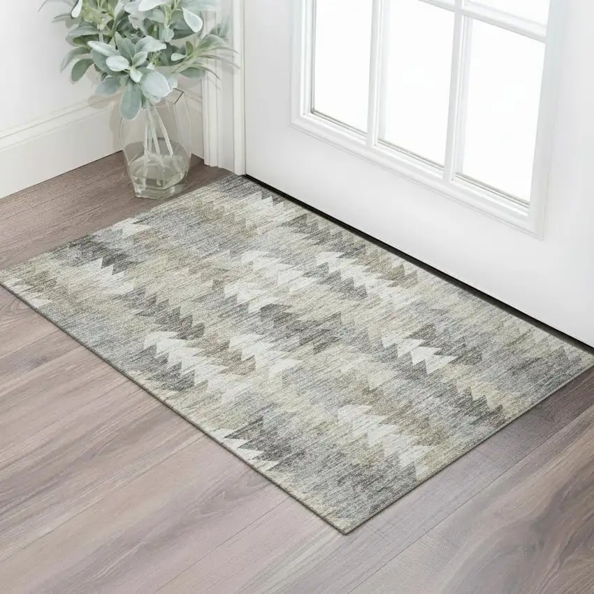 Taupe Ivory And Gray Geometric Washable Area Rug With UV Protection Photo 1