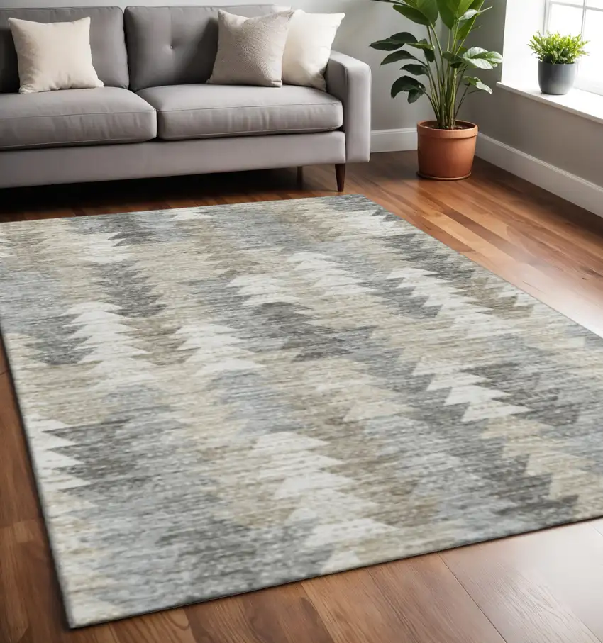 Taupe Ivory And Gray Geometric Washable Area Rug With UV Protection Photo 2