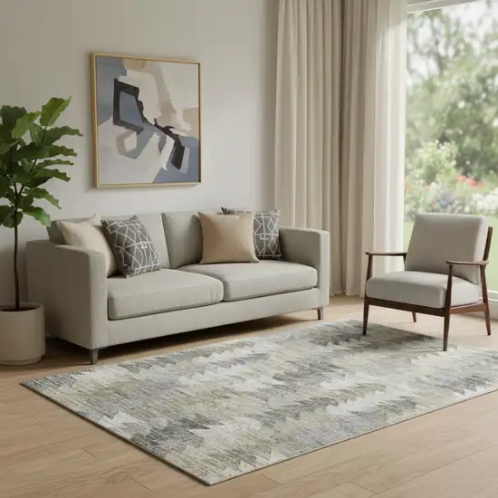 Taupe Ivory And Gray Geometric Washable Area Rug With UV Protection Photo 1