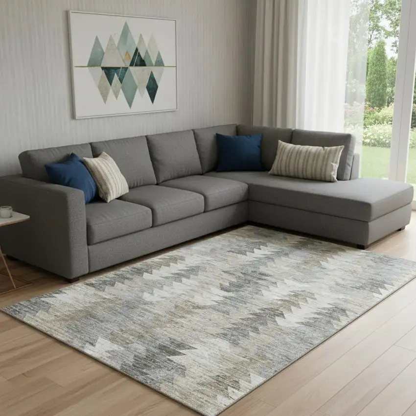 Taupe Ivory And Gray Geometric Washable Area Rug With UV Protection Photo 1