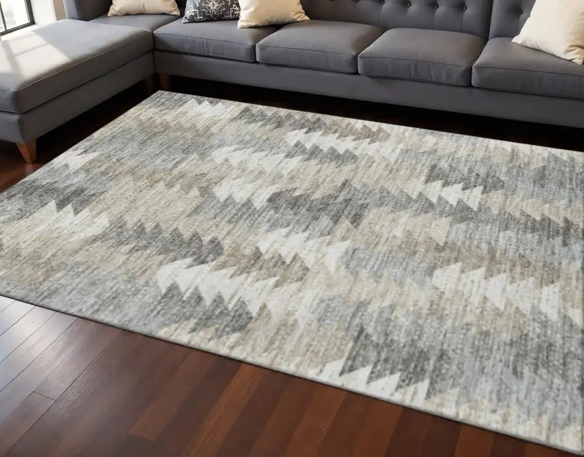Taupe Ivory And Gray Geometric Washable Area Rug With UV Protection Photo 2