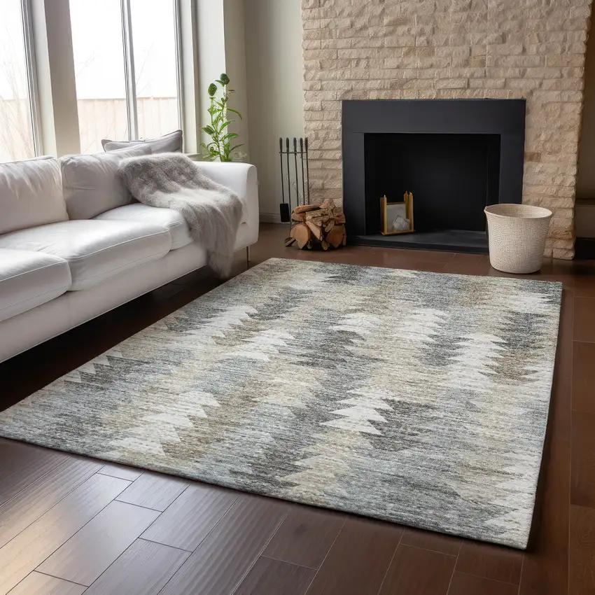 Taupe Ivory And Gray Geometric Washable Area Rug With UV Protection Photo 6