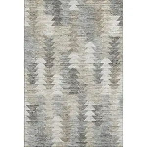 Photo of Taupe Ivory And Gray Geometric Washable Area Rug With UV Protection
