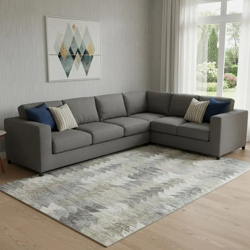 Taupe Ivory And Gray Geometric Washable Area Rug With UV Protection Photo 1