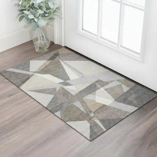 Taupe Ivory And Gray Geometric Washable Area Rug With UV Protection Photo 2