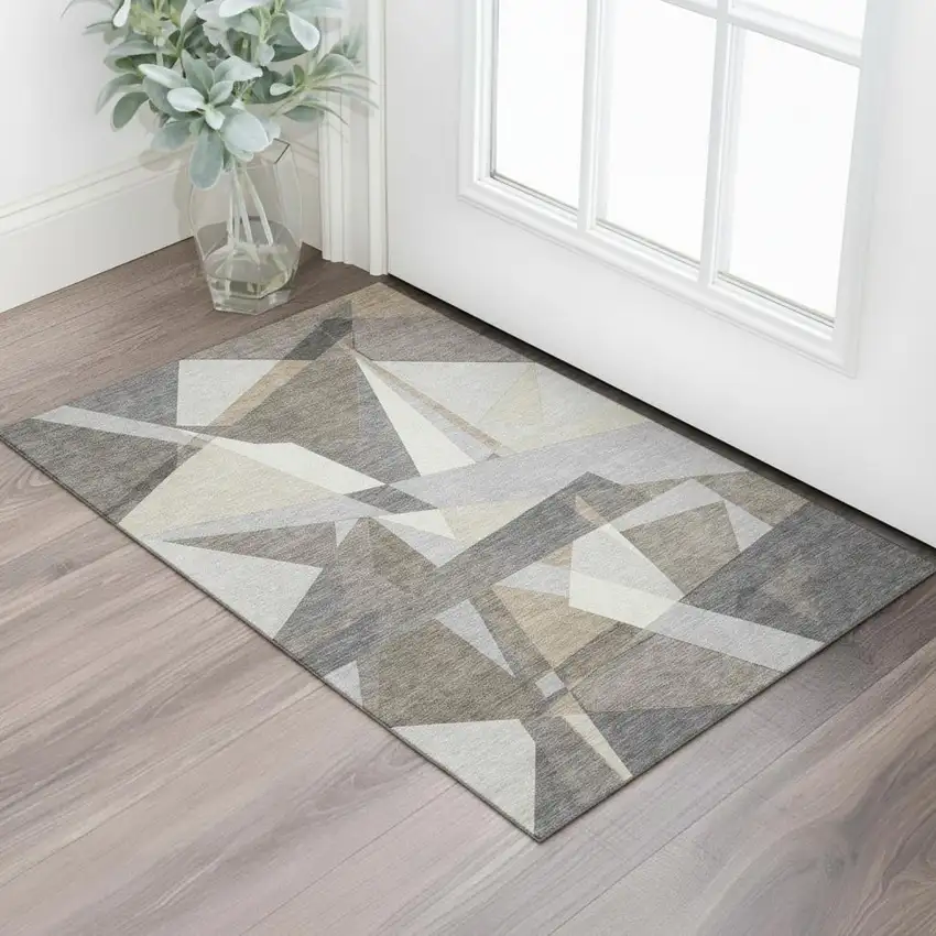 Taupe Ivory And Gray Geometric Washable Area Rug With UV Protection Photo 2