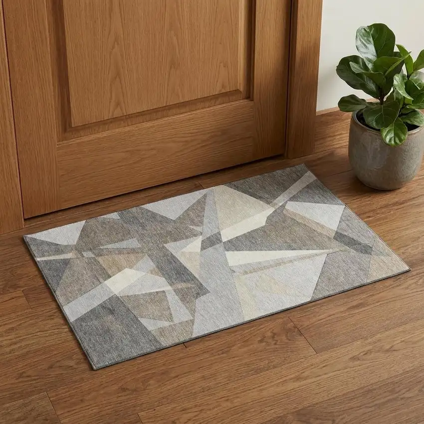 Taupe Ivory And Gray Geometric Washable Area Rug With UV Protection Photo 1