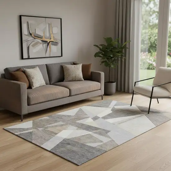 Taupe Ivory And Gray Geometric Washable Area Rug With UV Protection Photo 2